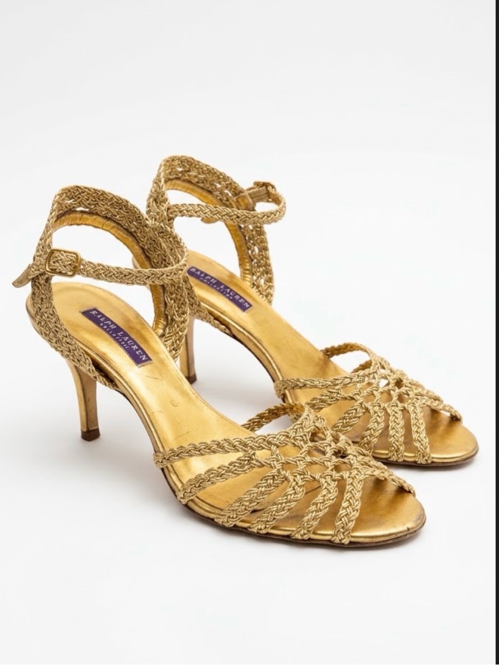Ralph Lauren Collection Gold Braided Metallic Ankle Strap Heel Sandals Size 10